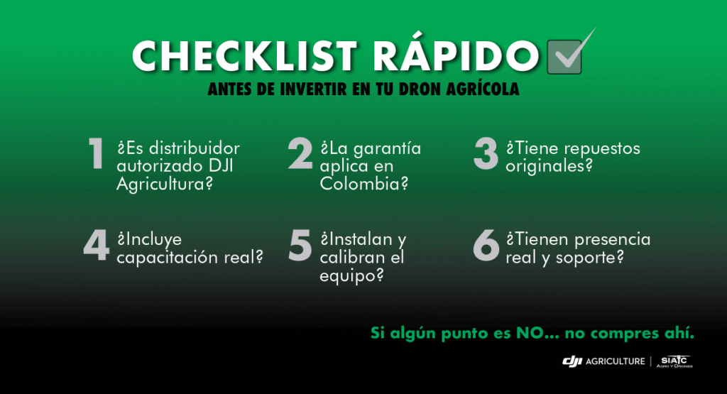 Proteja su inversión. Conozca las ventajas de comprar en un distribuidor autorizado DJI Agras T25P, T70P o T100 con respaldo, servicio técnico y capacitación en Colombia.